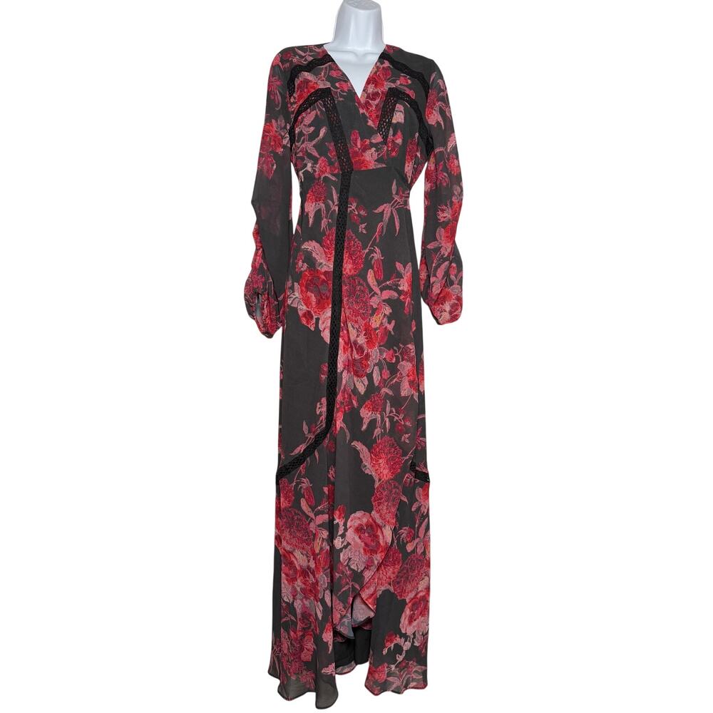 Maternity Dress Blouson Sleeve Maxi Wrap Tie Waist Black Red Floral SIZE 12 NWT
